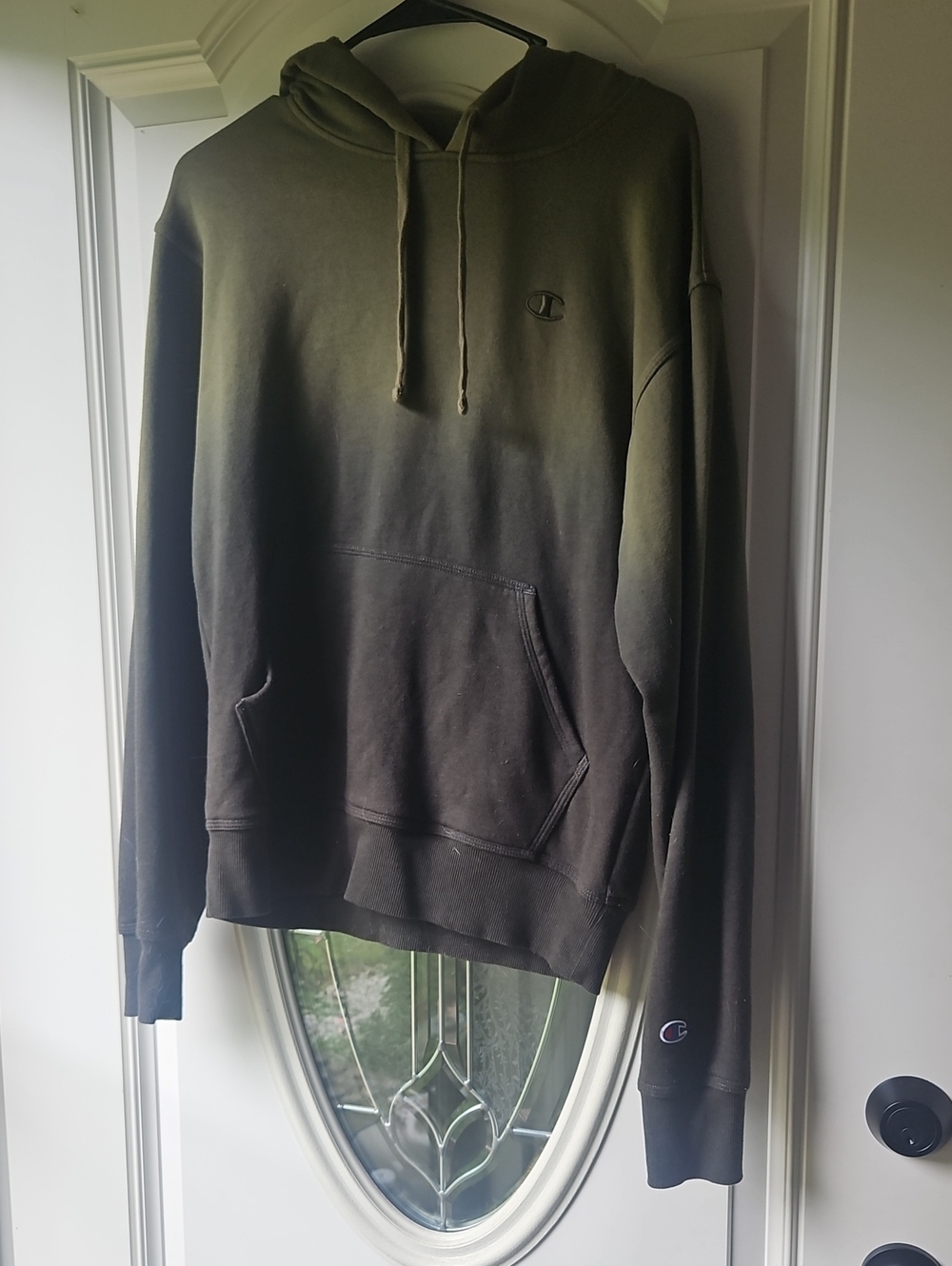 Champion Men's Olive Green to Black Dip-Dye Hoodie